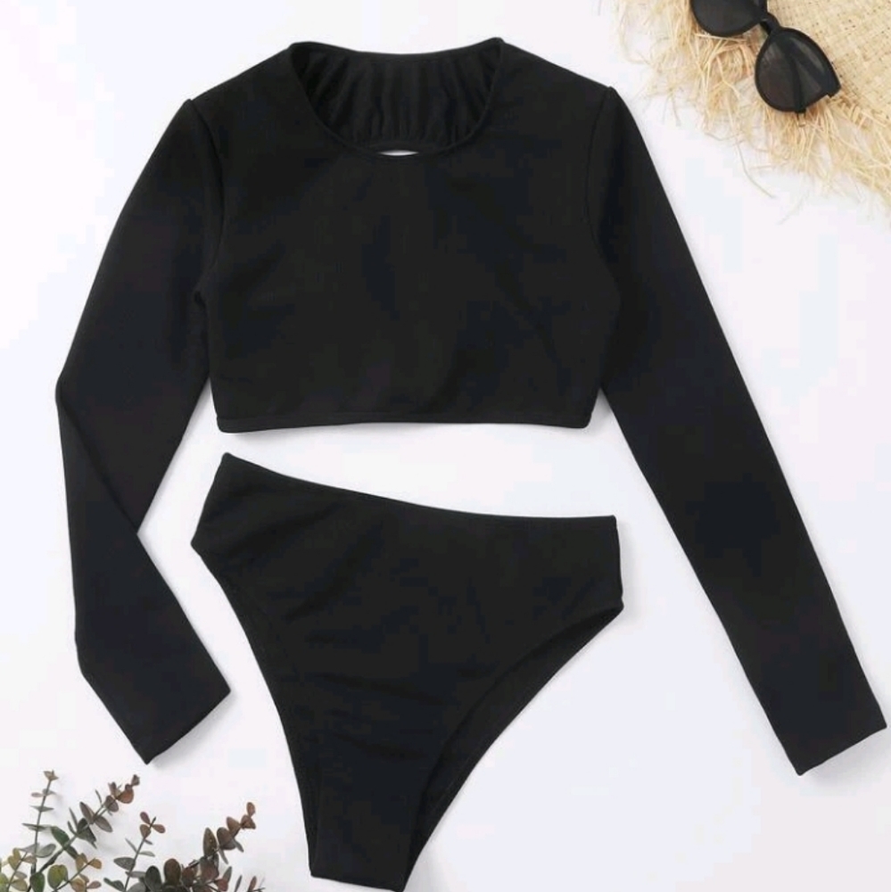 SOLID LONG SLEEVE BIKINI SWIMSUIT (2 PIECE)